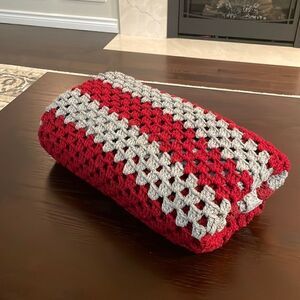 Vintage Crocheted Grey and Red Square Blanket 51” x 51” with square pattern